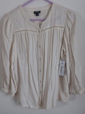 a.n.a Cream Button-Front Textured Peasant Blouse